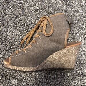 a.n.a. Peeptoe Sandals/Booties with Olive Green Fabric Uppers and Tan Shoelaces